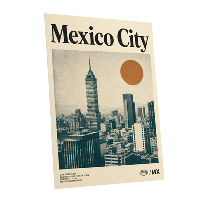 Mexico City Modern, beige, green, orange minimalist wall art shown as a unframed poster wall art print