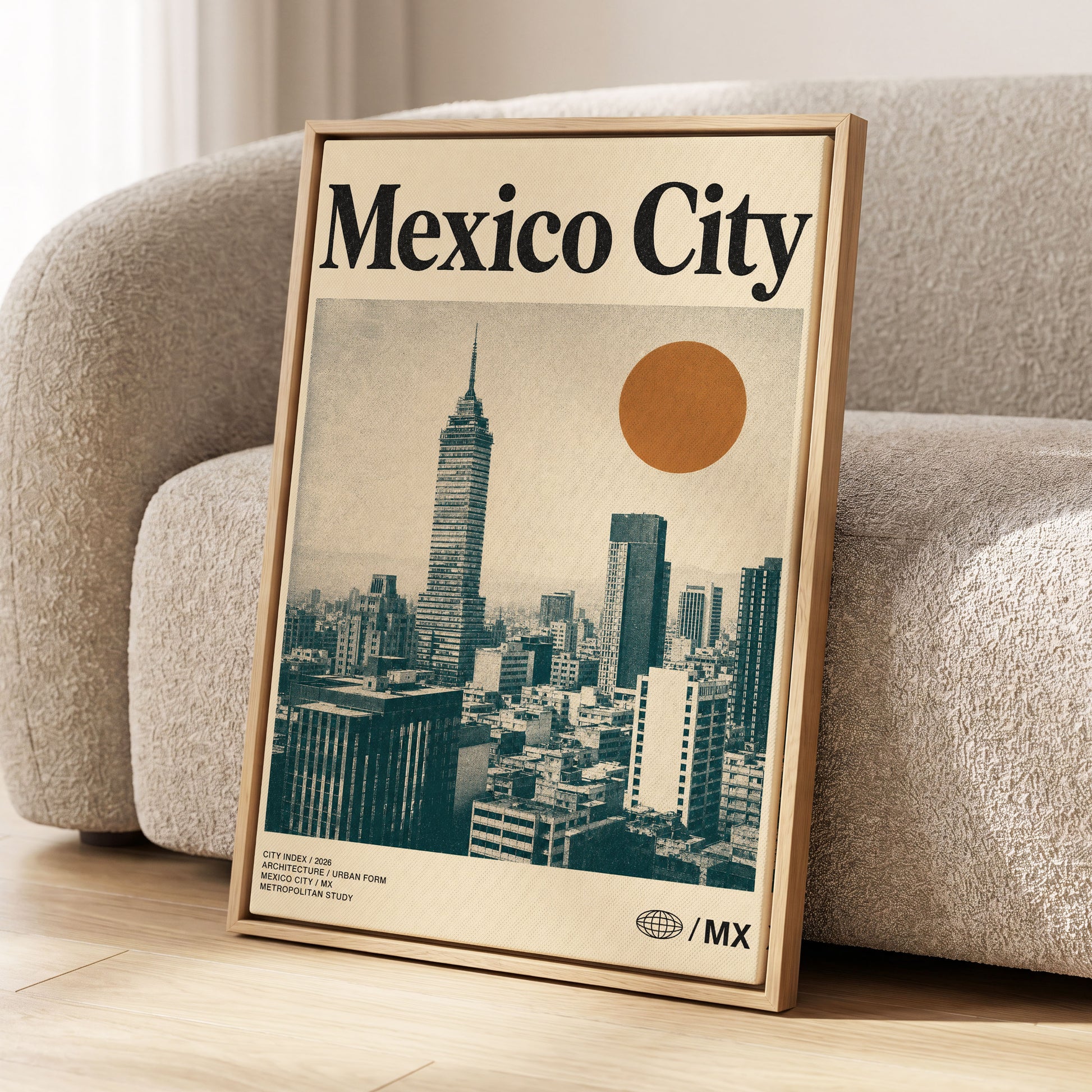 Mexico City Modern, beige, green, orange minimalist wall art displayed in a styled interior, gallery view 1