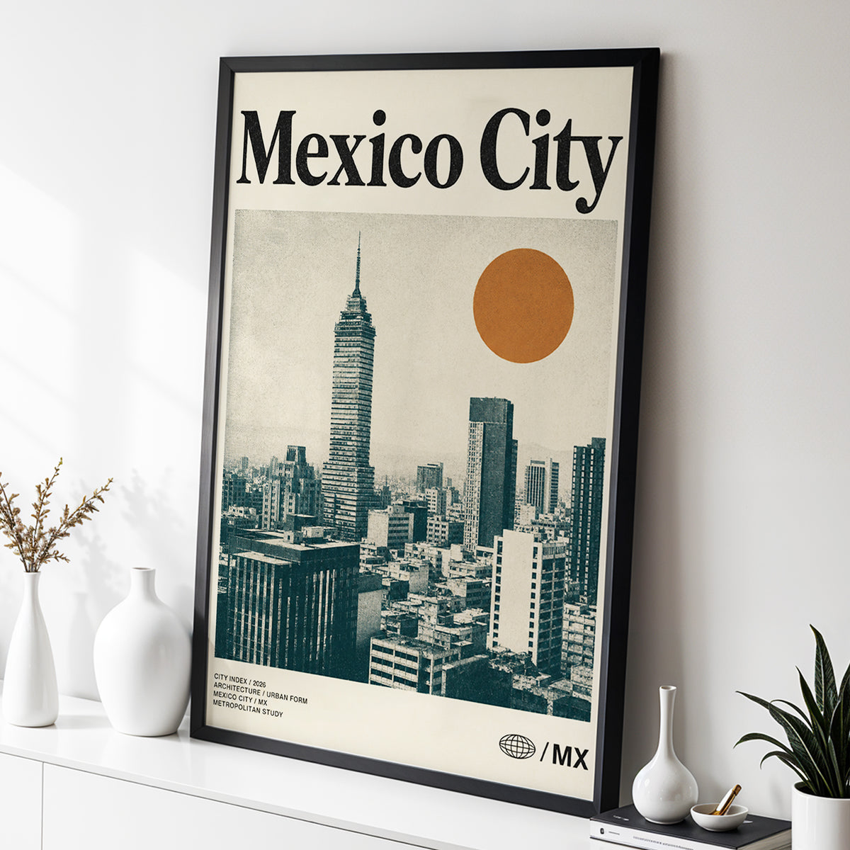 Mexico City Modern, beige, green, orange minimalist wall art displayed in a styled interior, gallery view 2