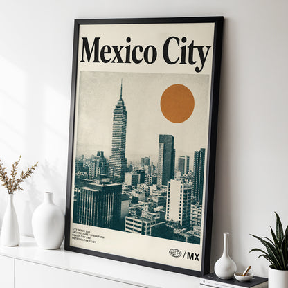 Mexico City Modern, beige, green, orange minimalist wall art displayed in a styled interior, gallery view 2