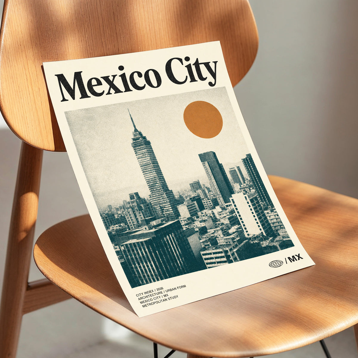 Mexico City Modern, beige, green, orange minimalist wall art displayed in a styled interior, gallery view 3