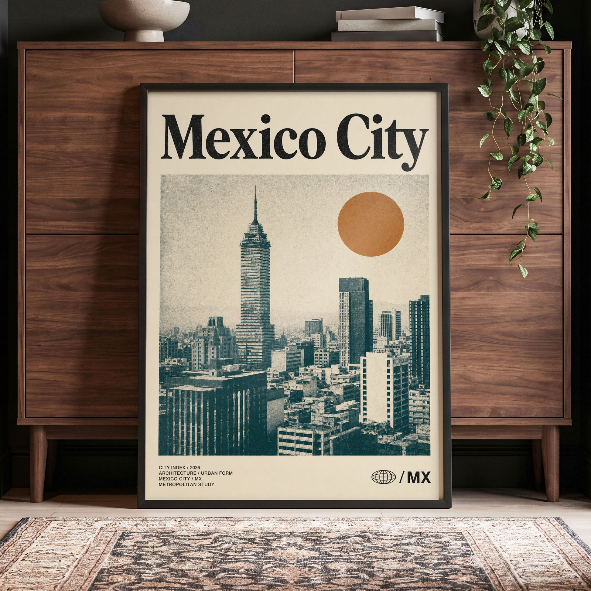 Mexico City Modern, beige, green, orange minimalist wall art displayed in a styled interior, gallery view 4