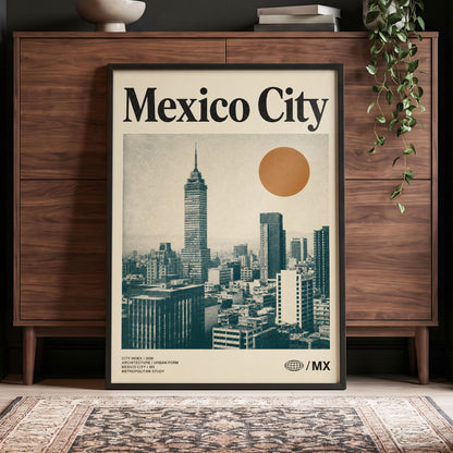 Mexico City Modern, beige, green, orange minimalist wall art displayed in a styled interior, gallery view 4