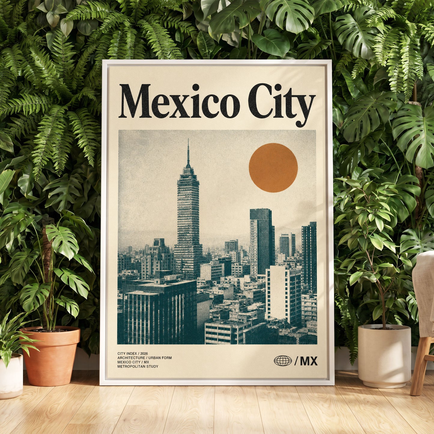 Mexico City Modern, beige, green, orange minimalist wall art displayed in a styled interior, gallery view 5