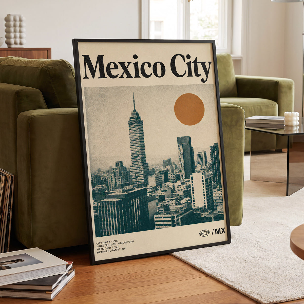 Mexico City Modern, beige, green, orange minimalist wall art displayed in a styled interior, gallery view 6