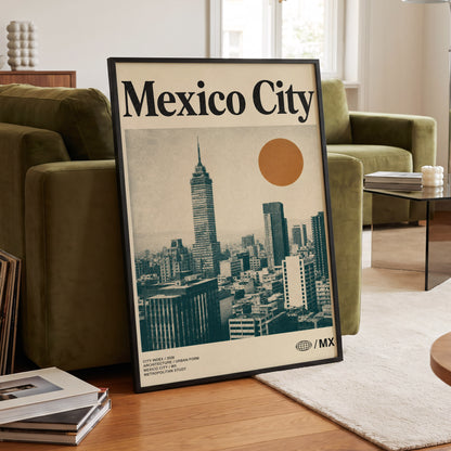 Mexico City Modern, beige, green, orange minimalist wall art displayed in a styled interior, gallery view 6