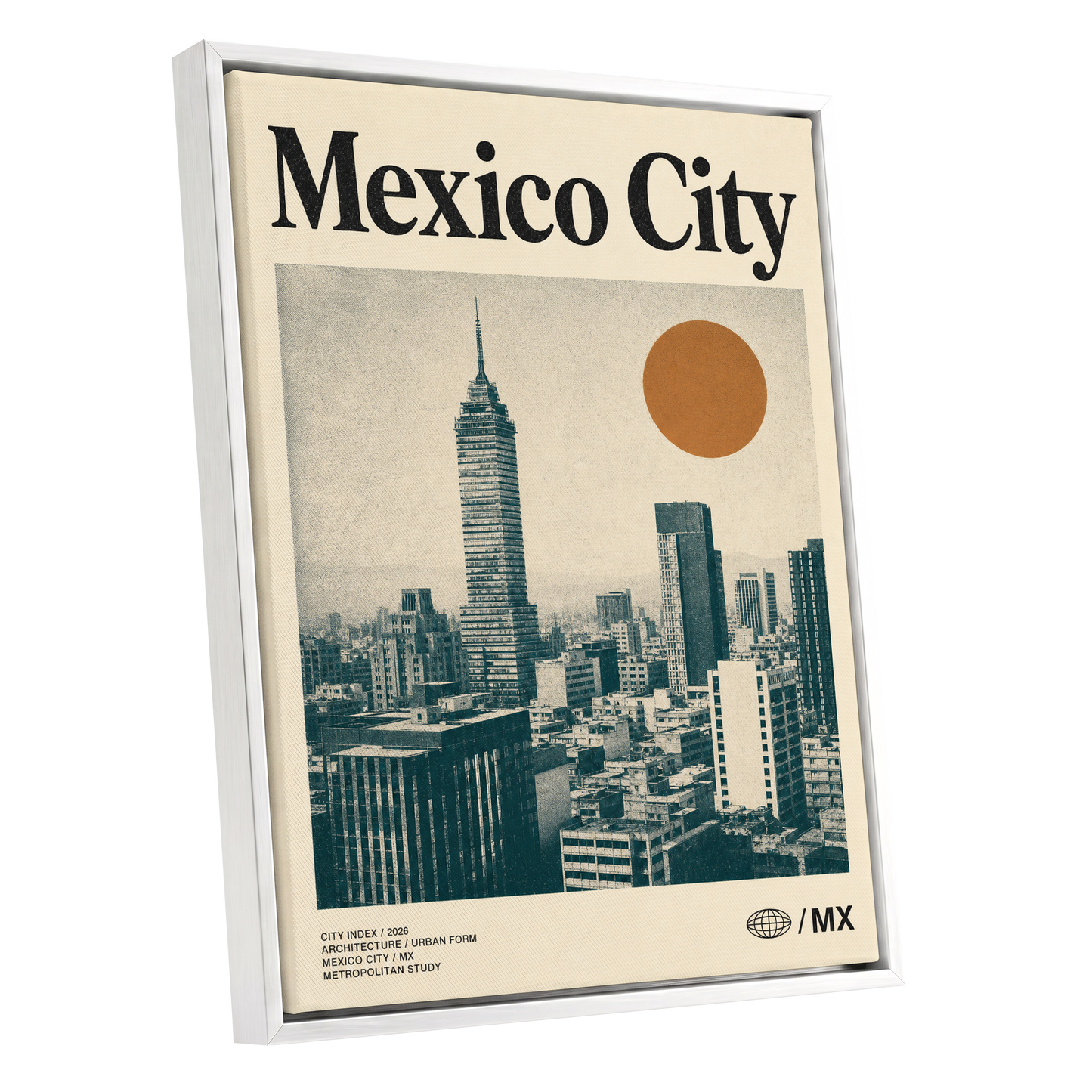 Mexico City Modern, beige, green, orange minimalist wall art shown as a white framed canvas wall art