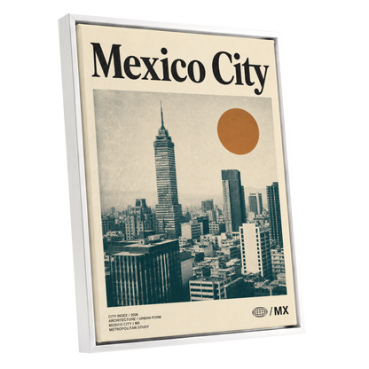 Mexico City Modern, beige, green, orange minimalist wall art shown as a white framed canvas wall art