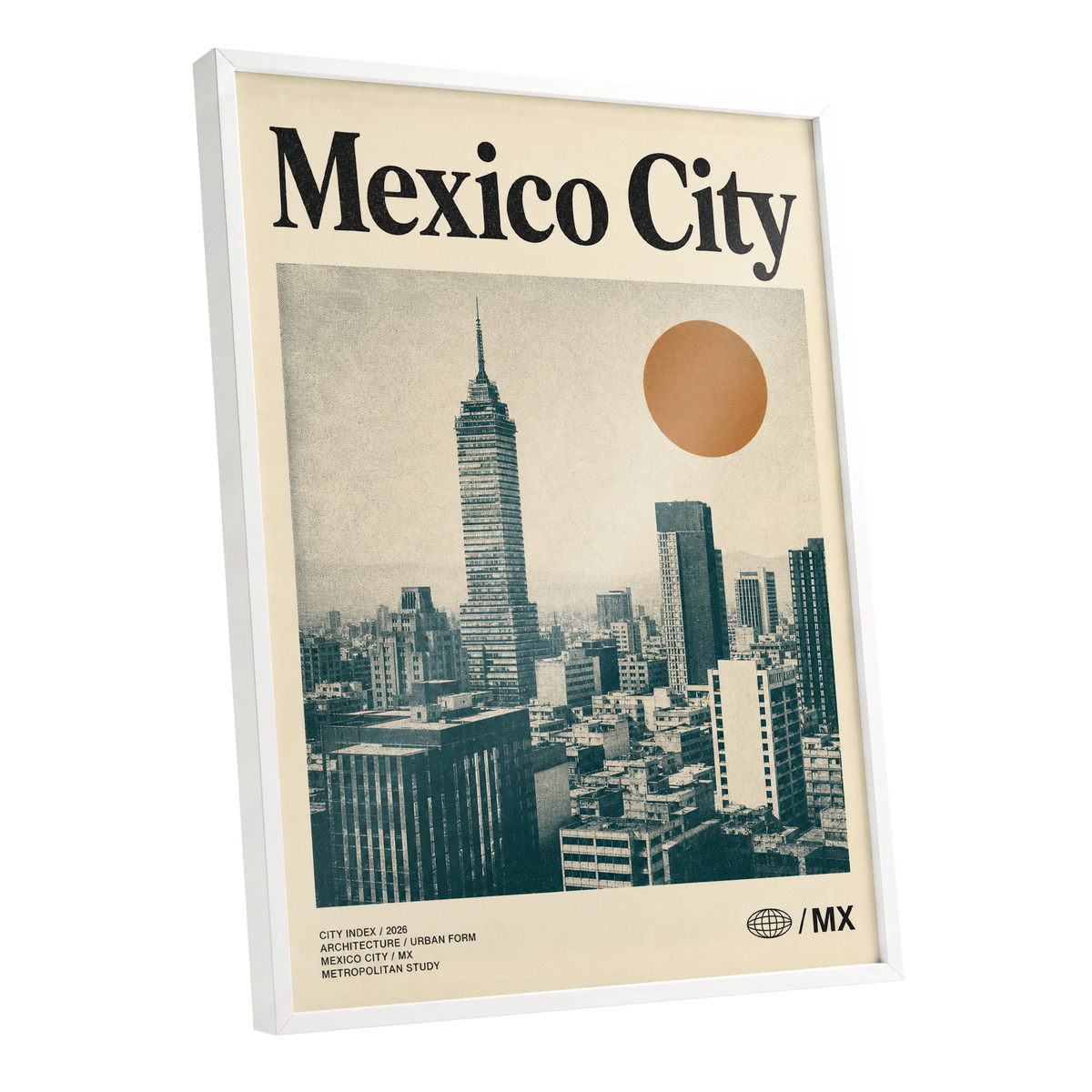 Mexico City Modern, beige, green, orange minimalist wall art shown as a white framed poster wall art print
