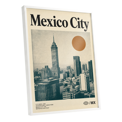 Mexico City Modern, beige, green, orange minimalist wall art shown as a white framed poster wall art print