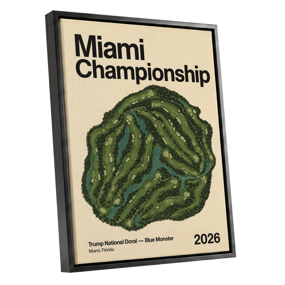 Miami Championship Greens, black, green, beige nature wall art shown as a black framed canvas wall art