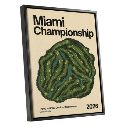 Miami Championship Greens, black, green, beige nature wall art shown as a black framed canvas wall art