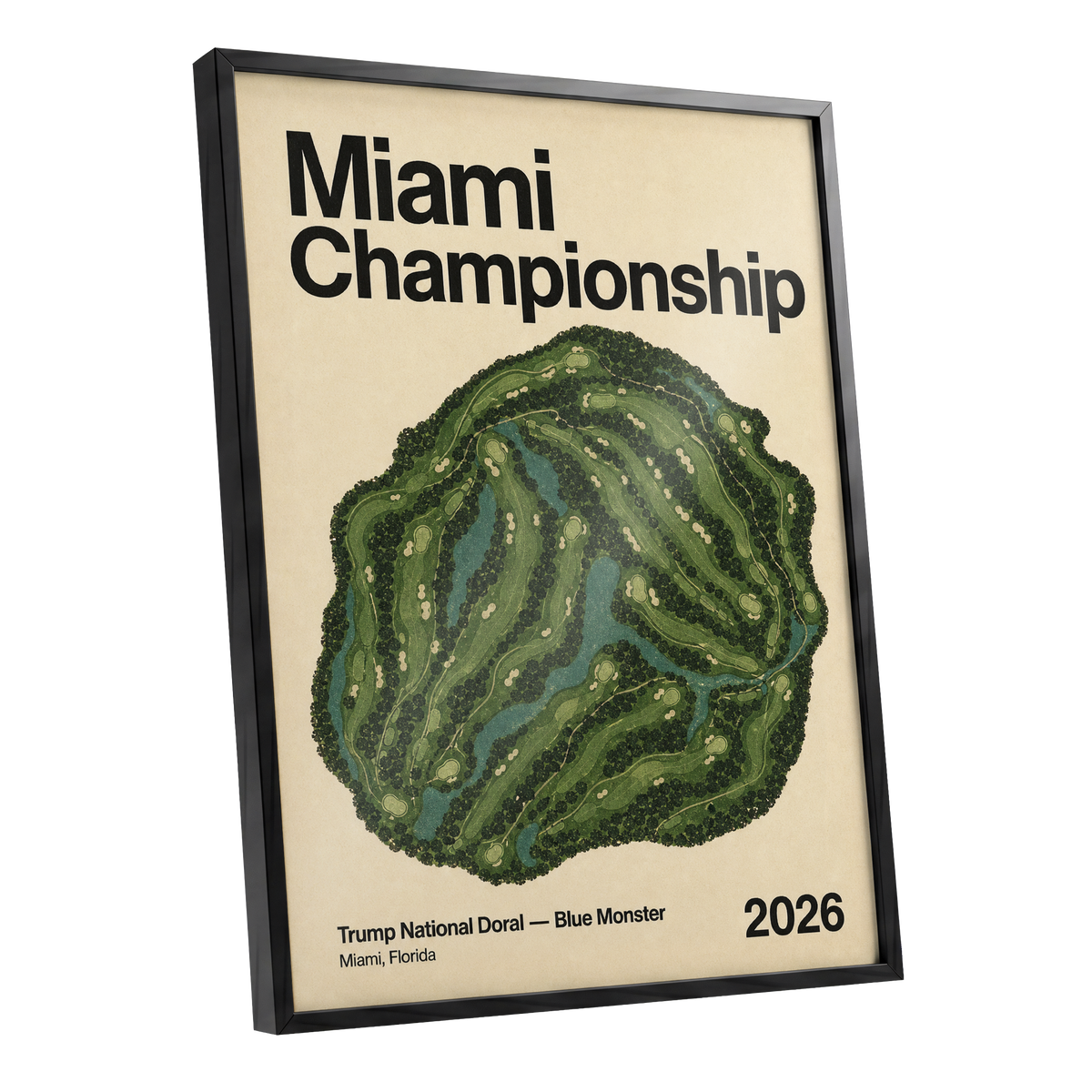 Miami Championship Greens, black, green, beige nature wall art shown as a black framed poster wall art print