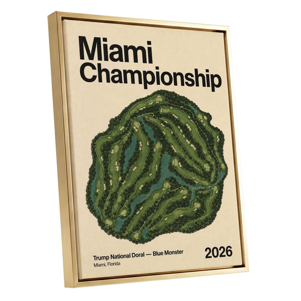 Miami Championship Greens, black, green, beige nature wall art shown as a gold framed canvas wall art