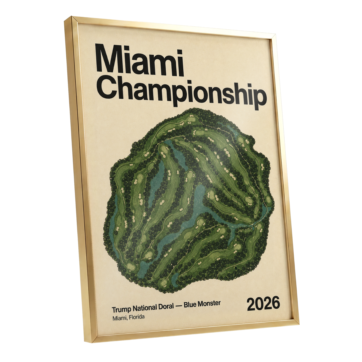 Miami Championship Greens, black, green, beige nature wall art shown as a gold framed poster wall art print