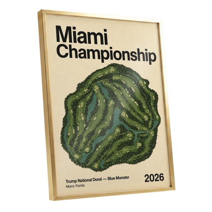 Miami Championship Greens, black, green, beige nature wall art shown as a gold framed poster wall art print