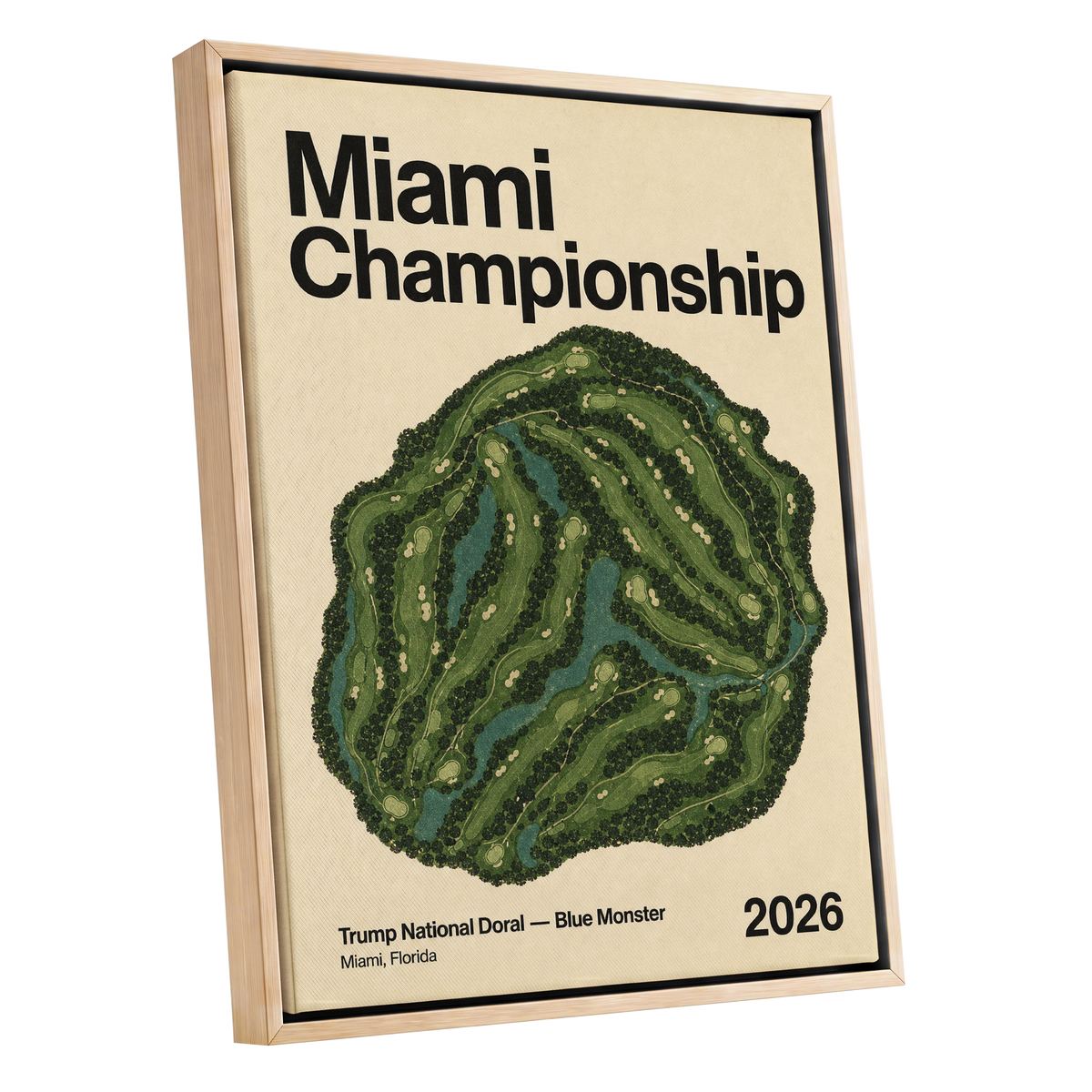 Miami Championship Greens, black, green, beige nature wall art shown as a oak framed canvas wall art