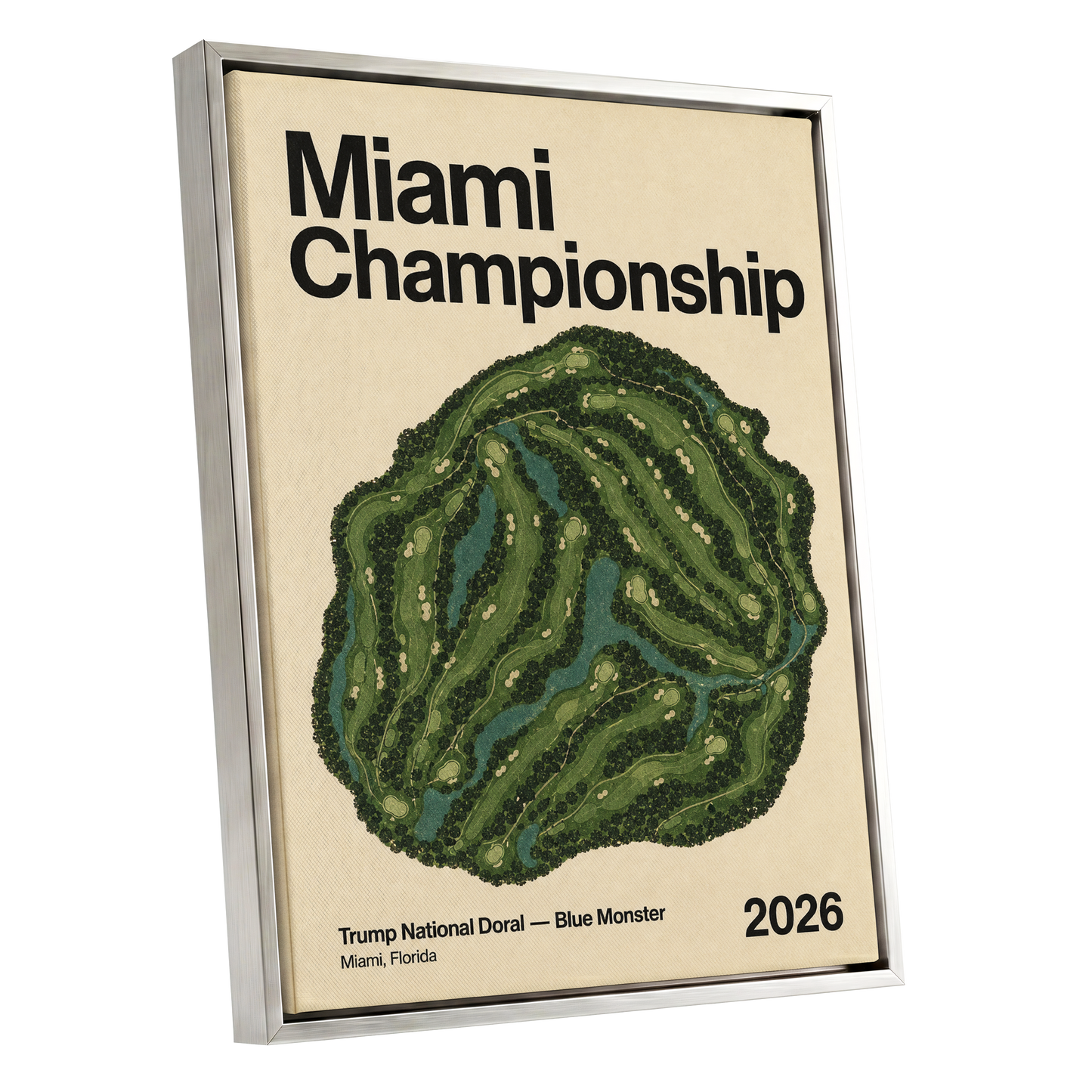 Miami Championship Greens, black, green, beige nature wall art shown as a silver framed canvas wall art
