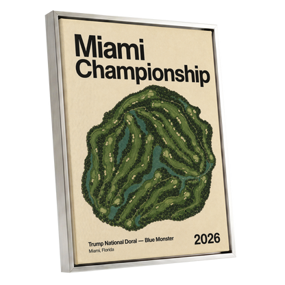 Miami Championship Greens, black, green, beige nature wall art shown as a silver framed canvas wall art