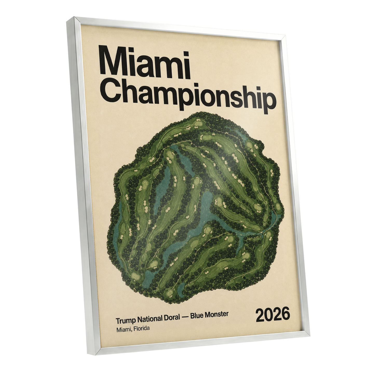 Miami Championship Greens, black, green, beige nature wall art shown as a silver framed poster wall art print