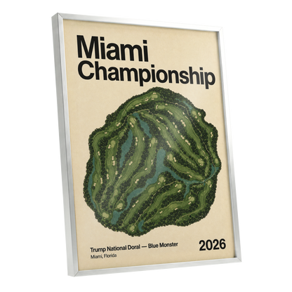 Miami Championship Greens, black, green, beige nature wall art shown as a silver framed poster wall art print