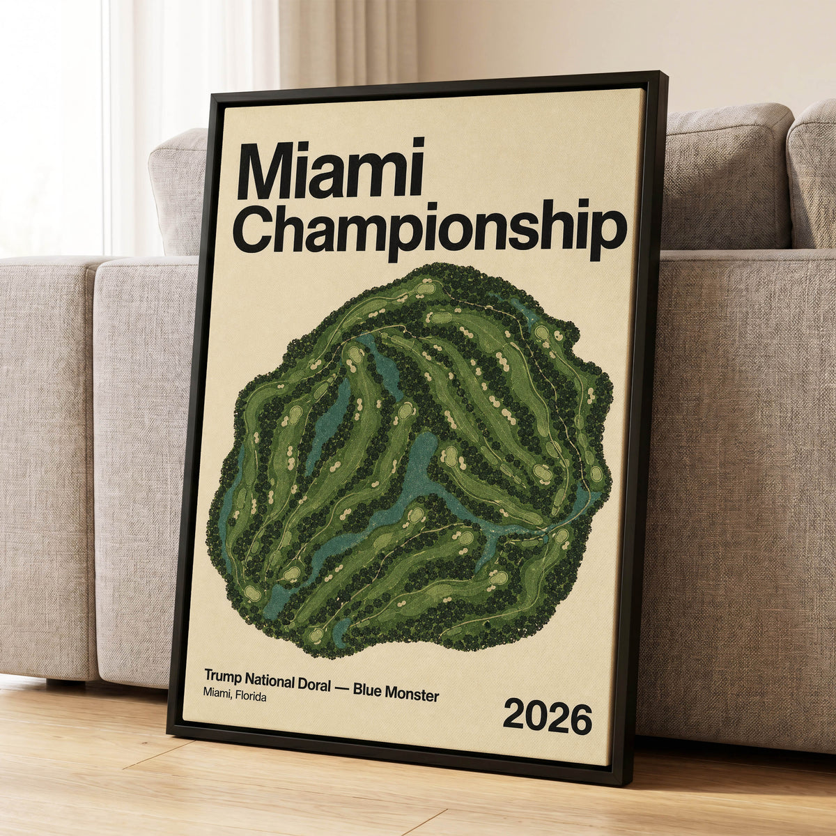Miami Championship Greens, black, green, beige nature wall art displayed in a styled interior, gallery view 1
