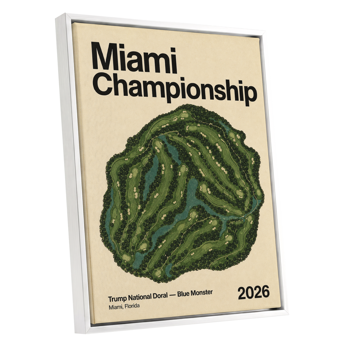 Miami Championship Greens, black, green, beige nature wall art shown as a white framed canvas wall art