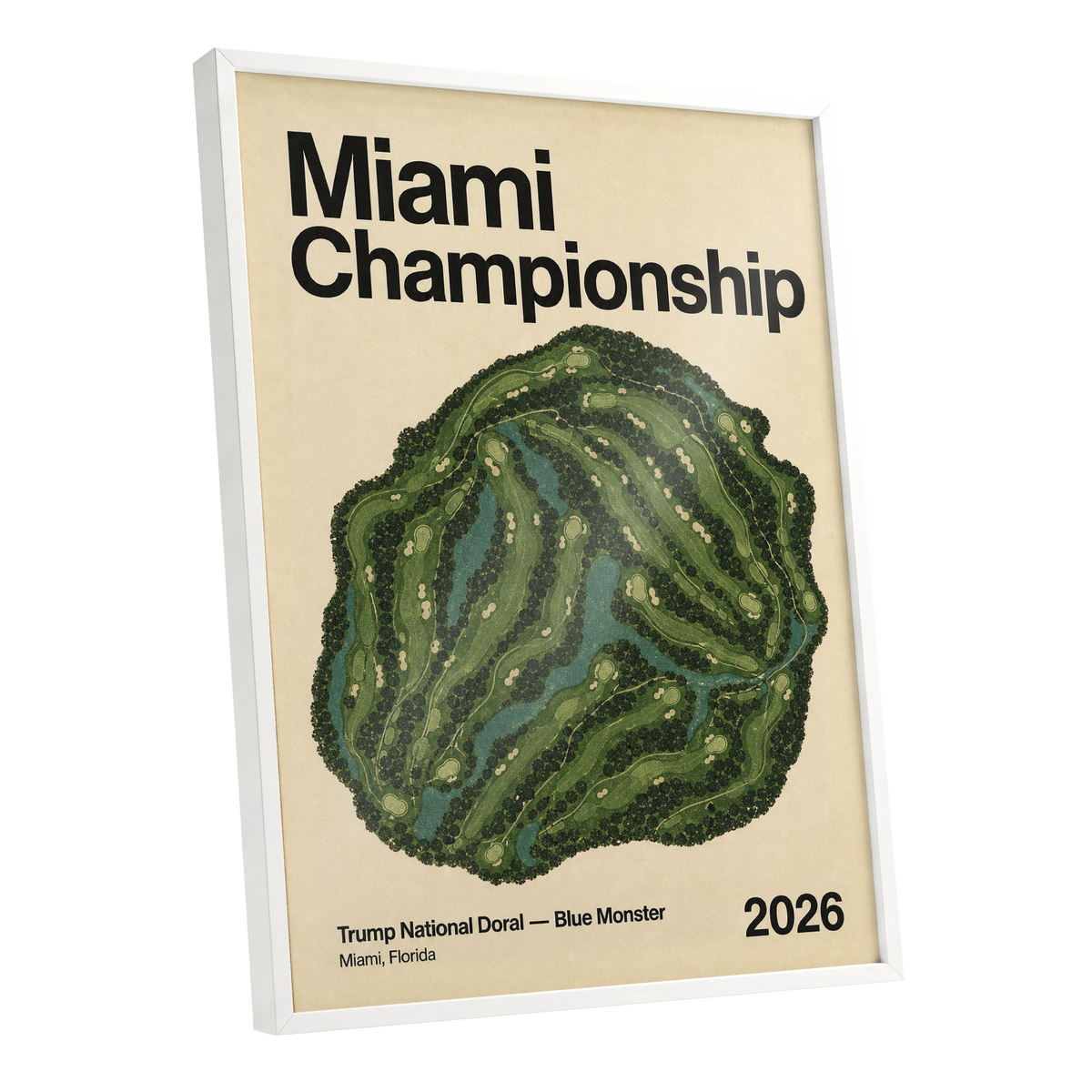 Miami Championship Greens, black, green, beige nature wall art shown as a white framed poster wall art print