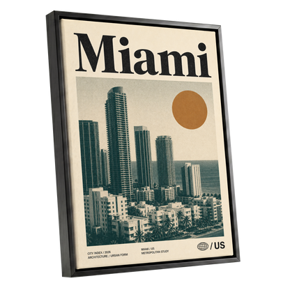 Miami Modernist Skyline, beige, green, brown minimalist wall art shown as a black framed canvas wall art