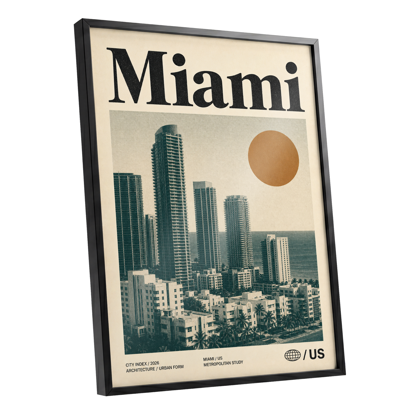 Miami Modernist Skyline, beige, green, brown minimalist wall art shown as a black framed poster wall art print