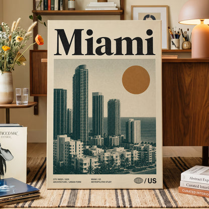 Miami Modernist Skyline, beige, green, brown minimalist wall art on canvas displayed in a styled interior, gallery view 1