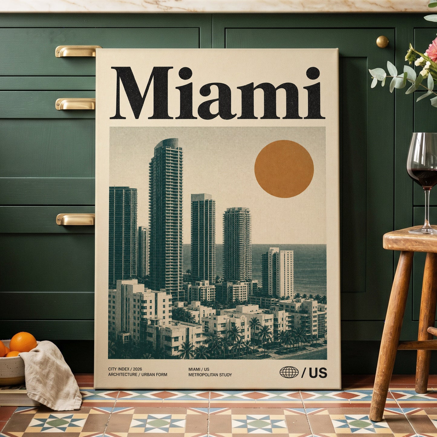 Miami Modernist Skyline, beige, green, brown minimalist wall art on canvas displayed in a styled interior, gallery view 2