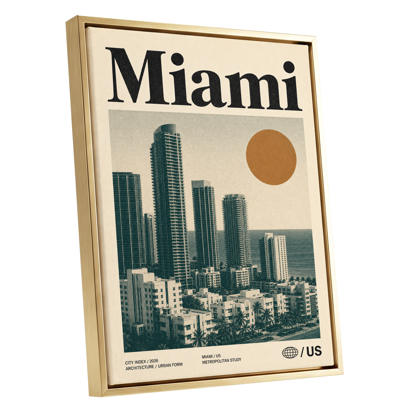 Miami Modernist Skyline, beige, green, brown minimalist wall art shown as a gold framed canvas wall art