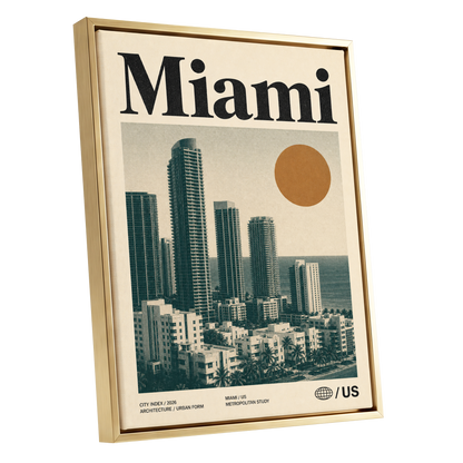 Miami Modernist Skyline, beige, green, brown minimalist wall art shown as a gold framed canvas wall art