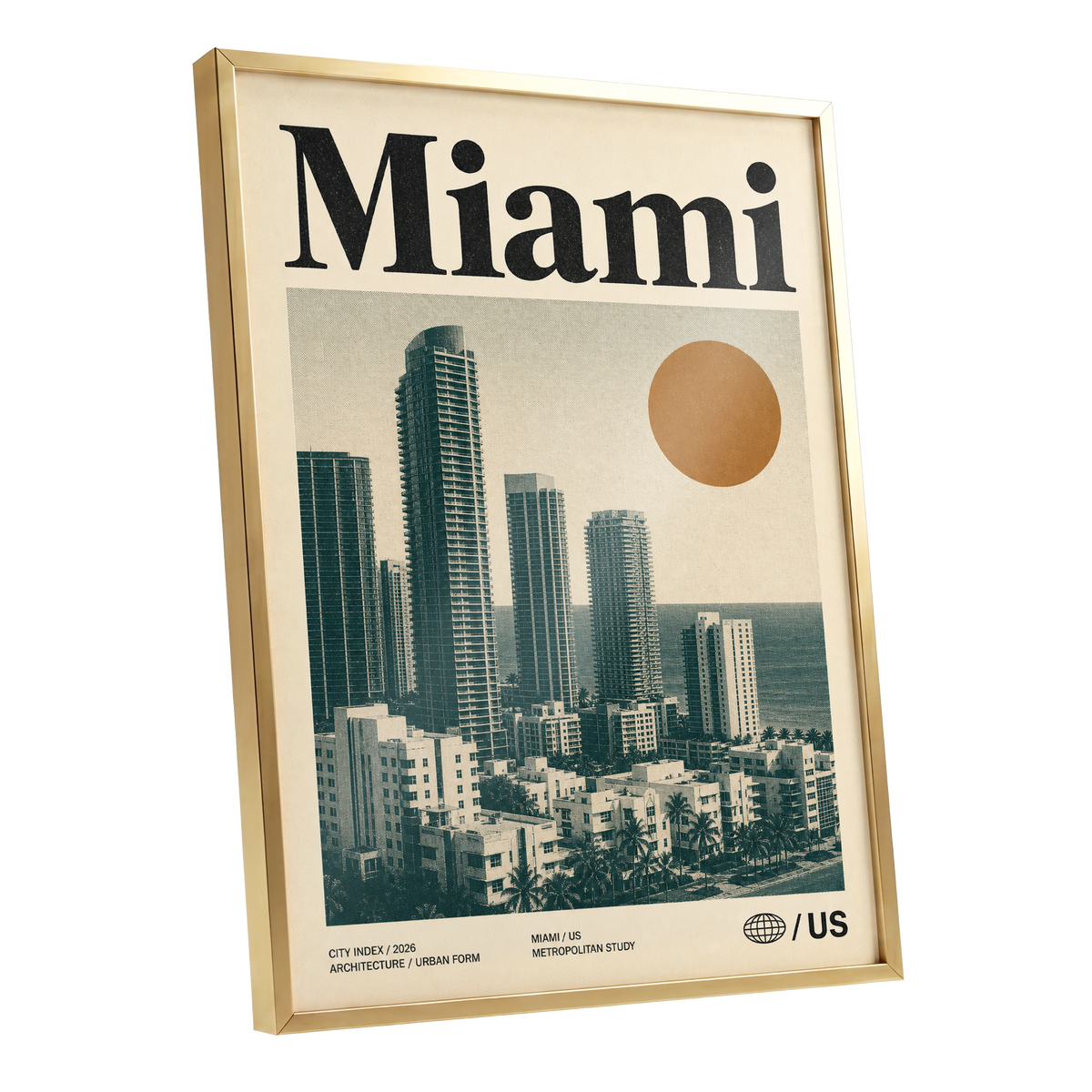 Miami Modernist Skyline, beige, green, brown minimalist wall art shown as a gold framed poster wall art print