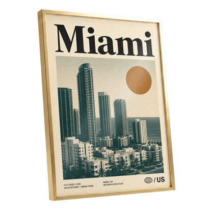 Miami Modernist Skyline, beige, green, brown minimalist wall art shown as a gold framed poster wall art print