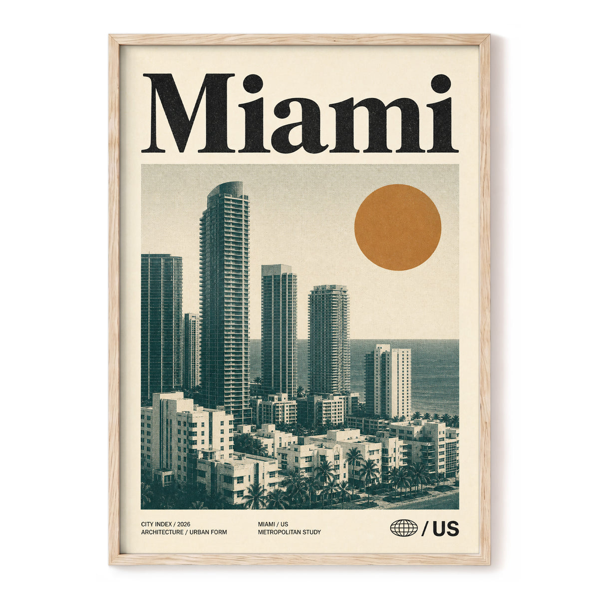 Miami Modernist Skyline, beige, green, brown minimalist wall art, front artwork view