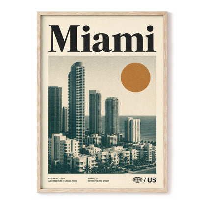 Miami Modernist Skyline, beige, green, brown minimalist wall art, front artwork view