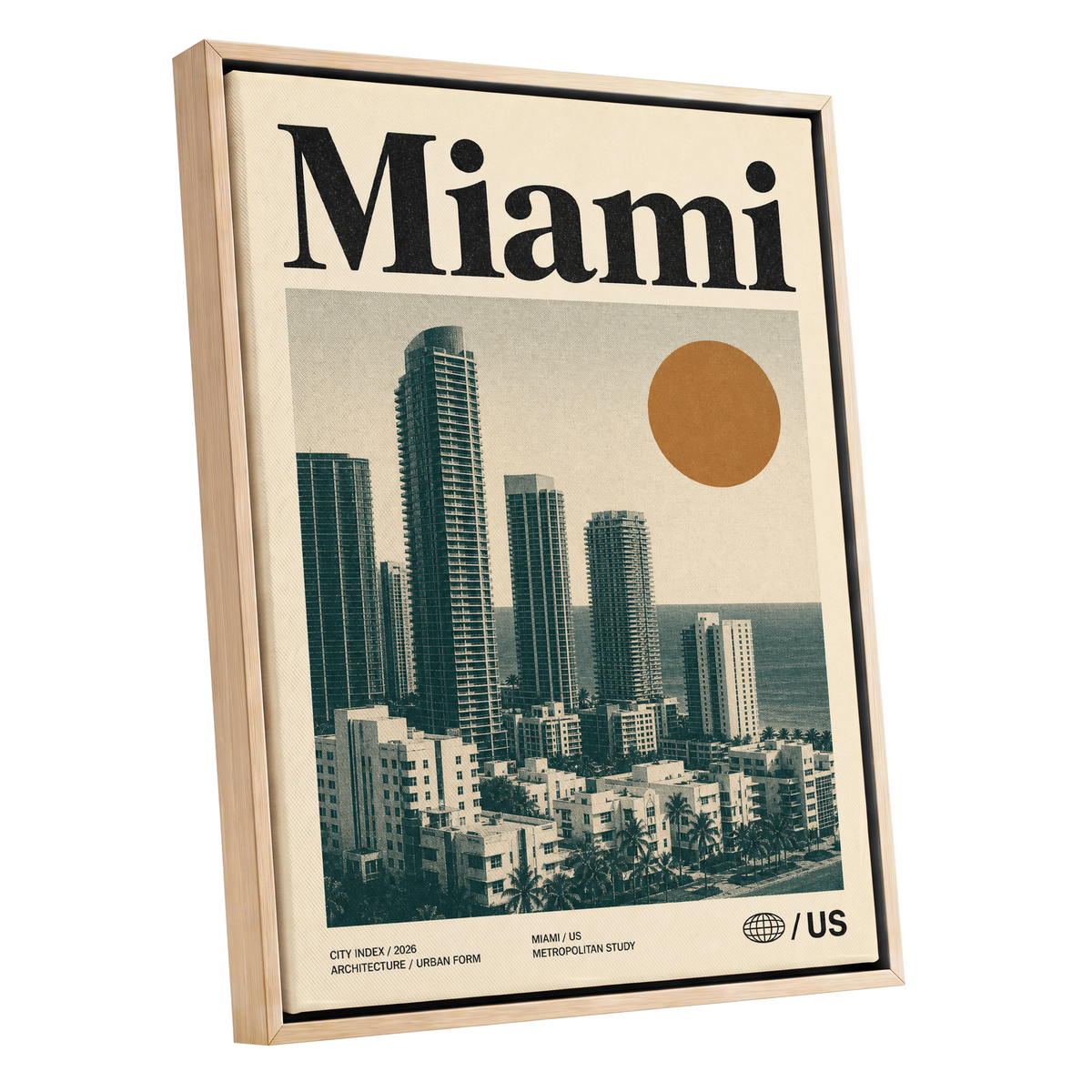 Miami Modernist Skyline, beige, green, brown minimalist wall art shown as a oak framed canvas wall art