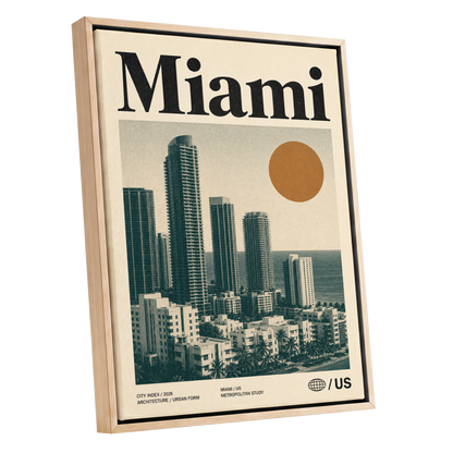 Miami Modernist Skyline, beige, green, brown minimalist wall art shown as a oak framed canvas wall art