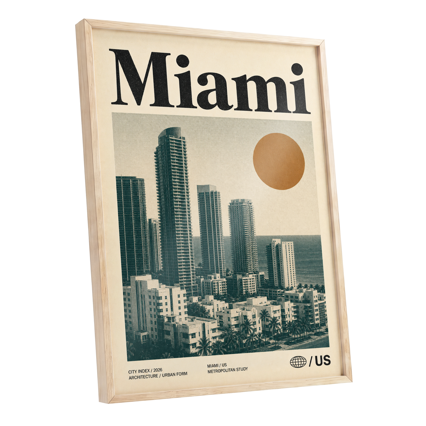 Miami Modernist Skyline, beige, green, brown minimalist wall art shown as a oak framed poster wall art print
