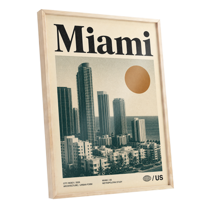 Miami Modernist Skyline, beige, green, brown minimalist wall art shown as a oak framed poster wall art print