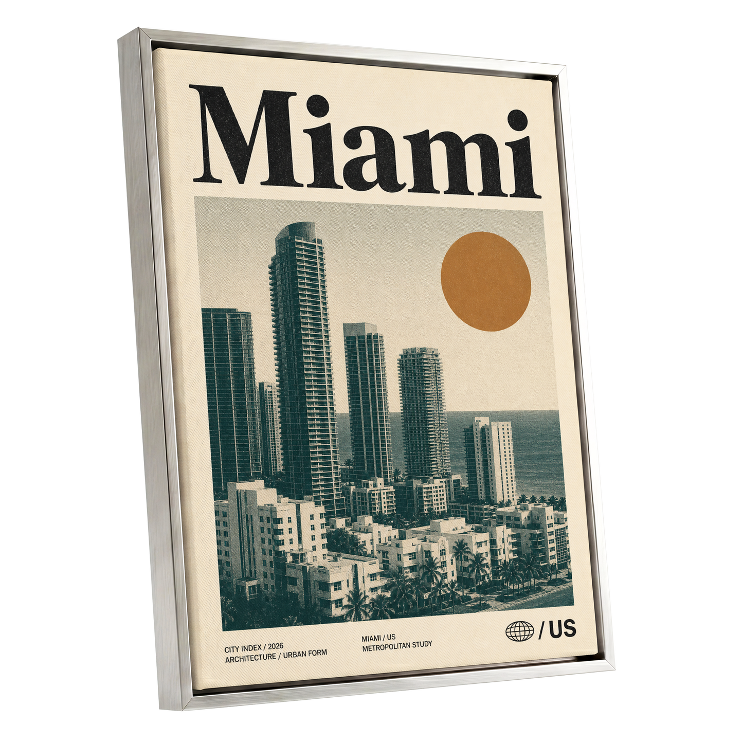 Miami Modernist Skyline, beige, green, brown minimalist wall art shown as a silver framed canvas wall art
