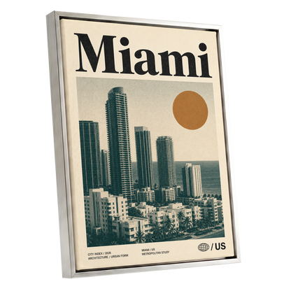 Miami Modernist Skyline, beige, green, brown minimalist wall art shown as a silver framed canvas wall art