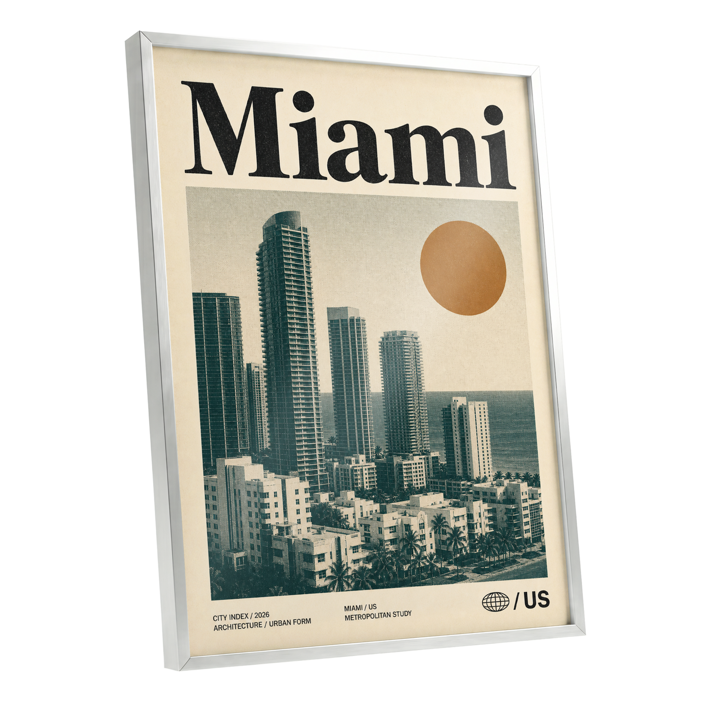 Miami Modernist Skyline, beige, green, brown minimalist wall art shown as a silver framed poster wall art print