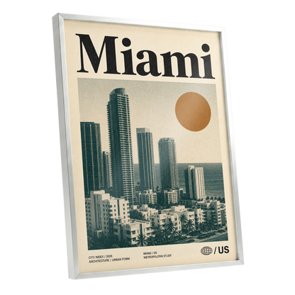 Miami Modernist Skyline, beige, green, brown minimalist wall art shown as a silver framed poster wall art print