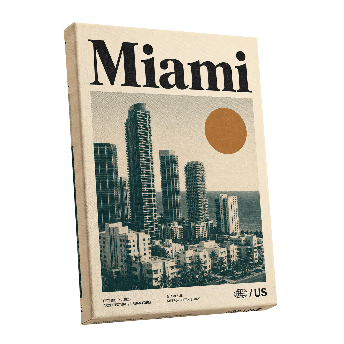 Miami Modernist Skyline, beige, green, brown minimalist wall art shown as a stretched canvas wall art