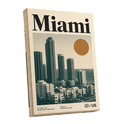 Miami Modernist Skyline, beige, green, brown minimalist wall art shown as a stretched canvas wall art