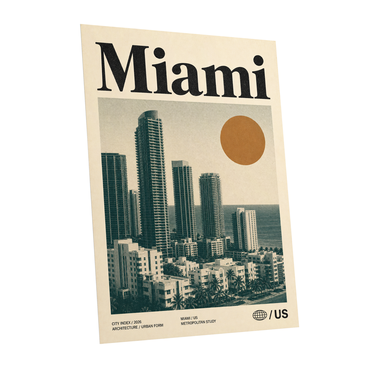 Miami Modernist Skyline, beige, green, brown minimalist wall art shown as a unframed poster wall art print