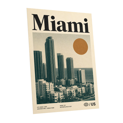 Miami Modernist Skyline, beige, green, brown minimalist wall art shown as a unframed poster wall art print